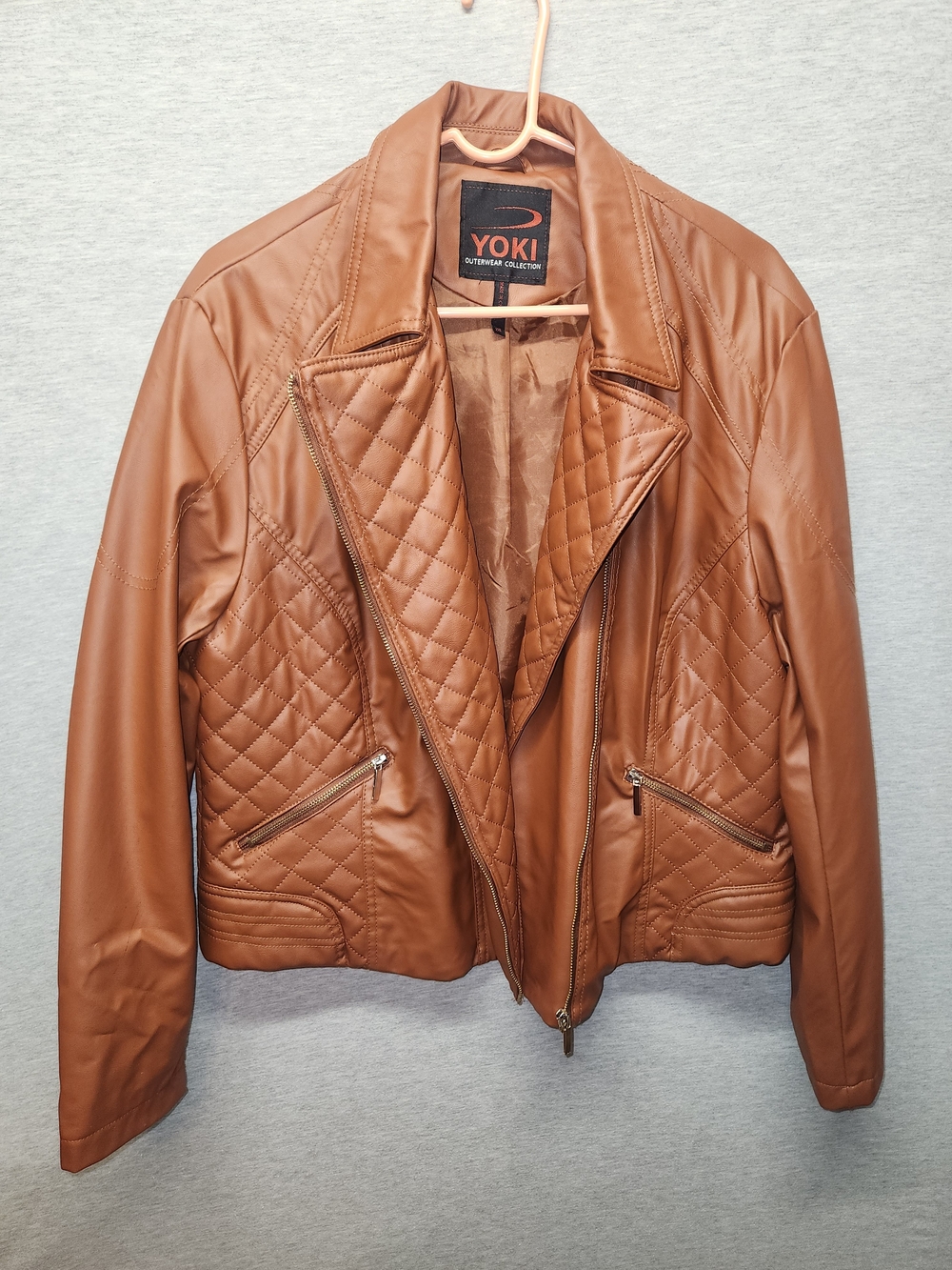 Yoki Quilted Faux Leather Bomber Jacket - Cognac Brown